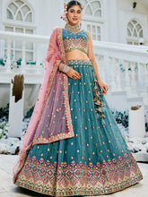 Steel blue multi thread embroidered Lehenga