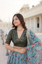 Blue floral printed Russian silk Lehenga (skirt stitched)