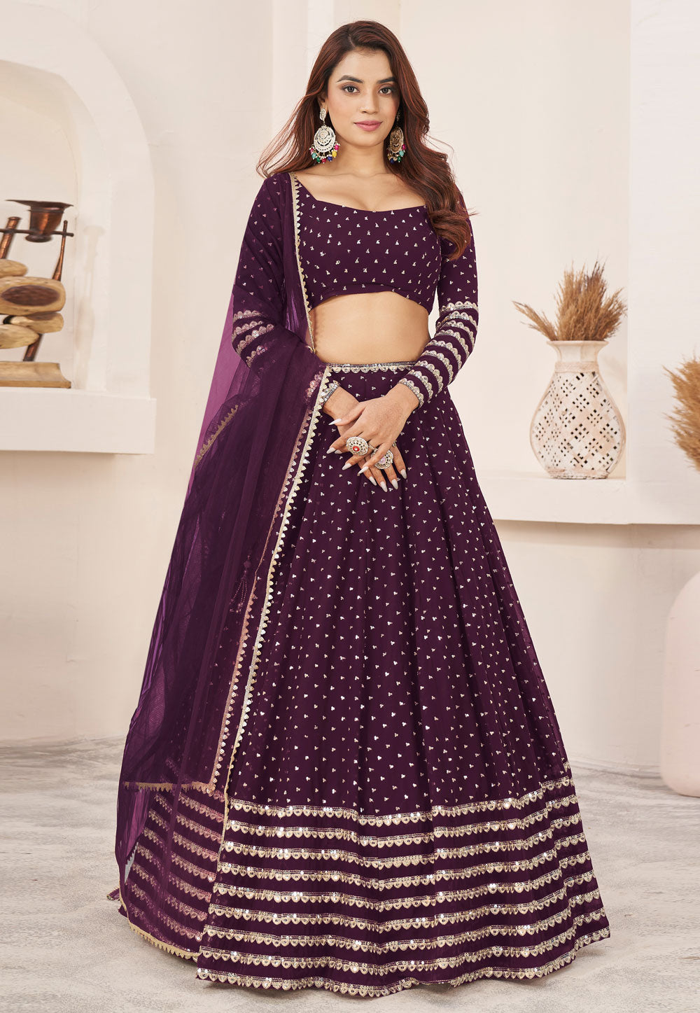Wine and gold georgette Lehenga