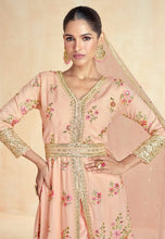 Peach center slit floral silk anarkali