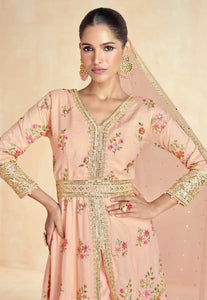 Peach center slit floral silk anarkali