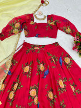 Red floral organza silk with golden yellow dupatta - readymade Lehenga