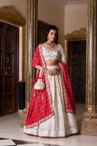 Off white Lehenga with bandhej dupatta (skirt stitched)