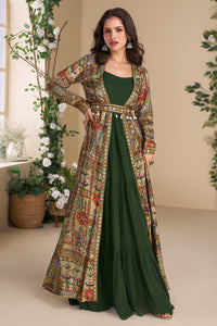 Dark green gown with multicoloured jacket and belt