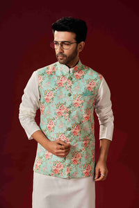 Menswear - mint green floral kurta set