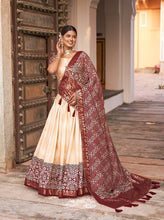 Tussar silk and ajrakh print Lehenga in off white