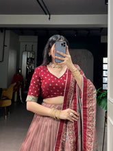 Tussar silk printed and iconic lehenga in maroon (skirt stitched)