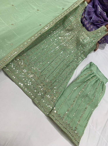 Pastel collection - mint green chine sequins mirror look embroidered sharara set