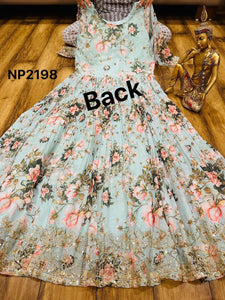 Niks - georgette printed sky blue anarkali