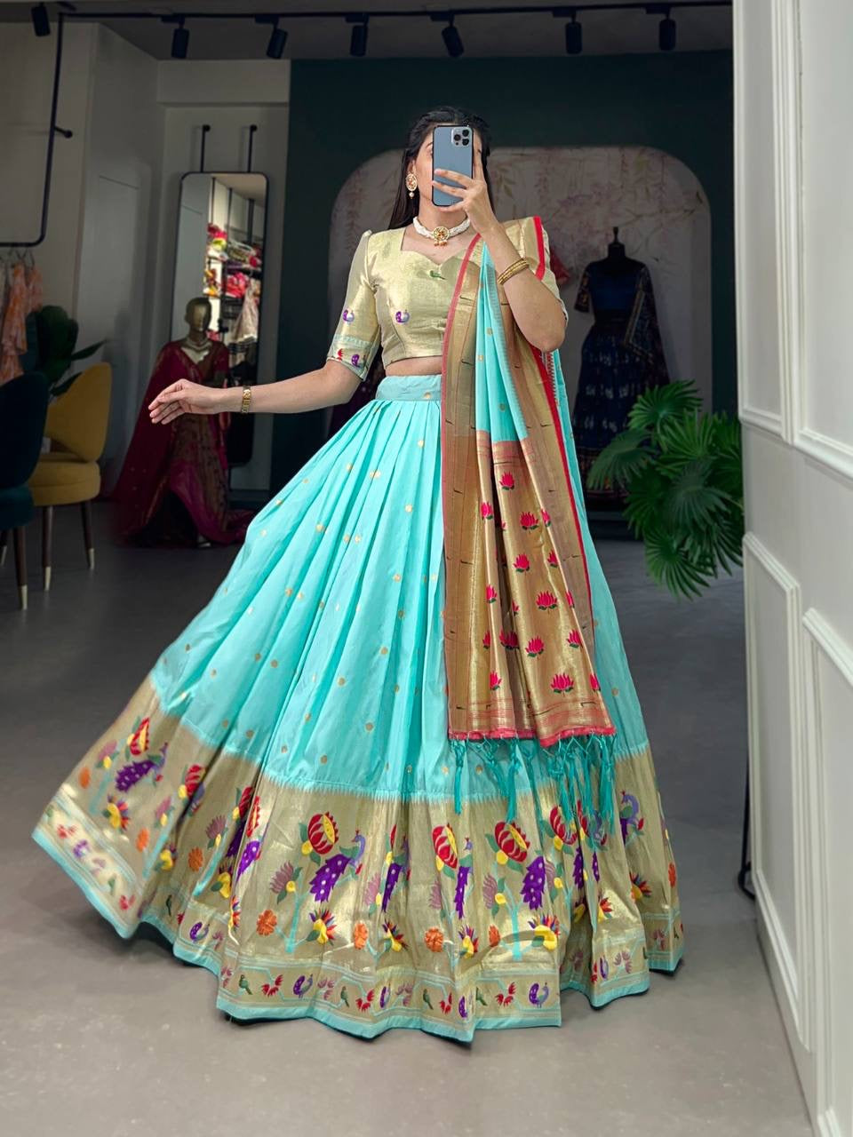 Jacquard silk Paithani Lehenga in sky blue