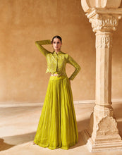 Bright green readymade Lehenga with short jacket