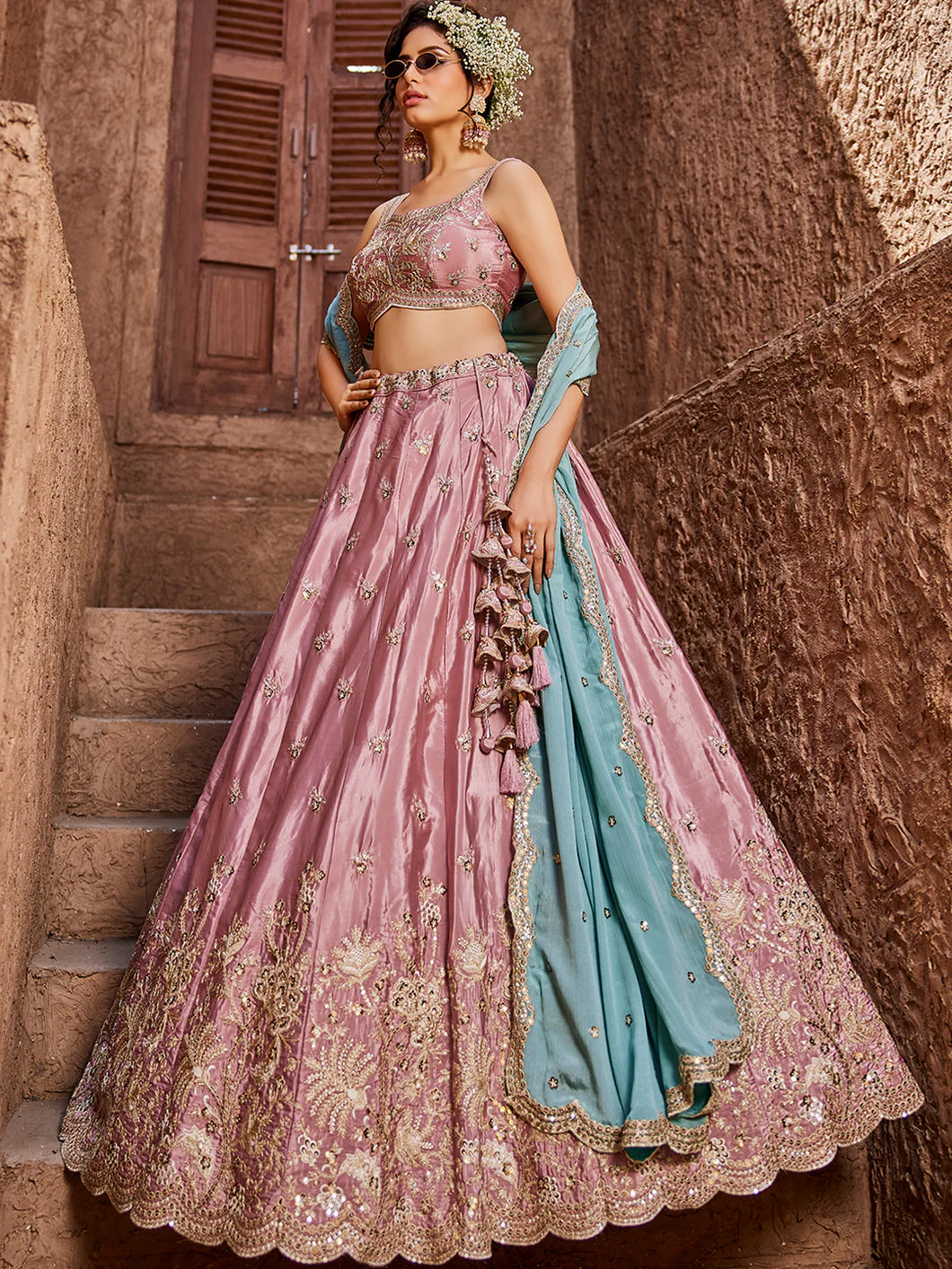 Pink satin silk Lehenga with contrasting dupatta