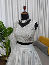 Silver satin silk thread work sequins Lehenga