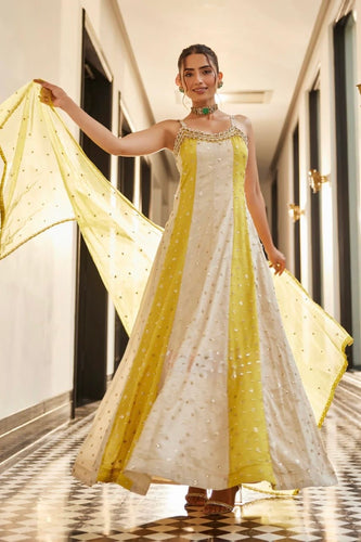 Yellow and ivory pearl beaded gown