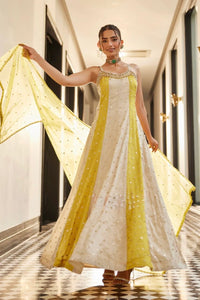 Yellow and ivory pearl beaded gown