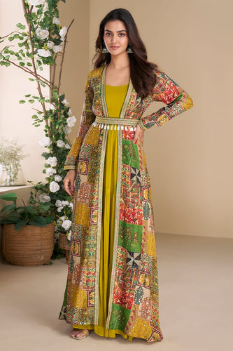 Mustard gown with multicoloured jacket and belt