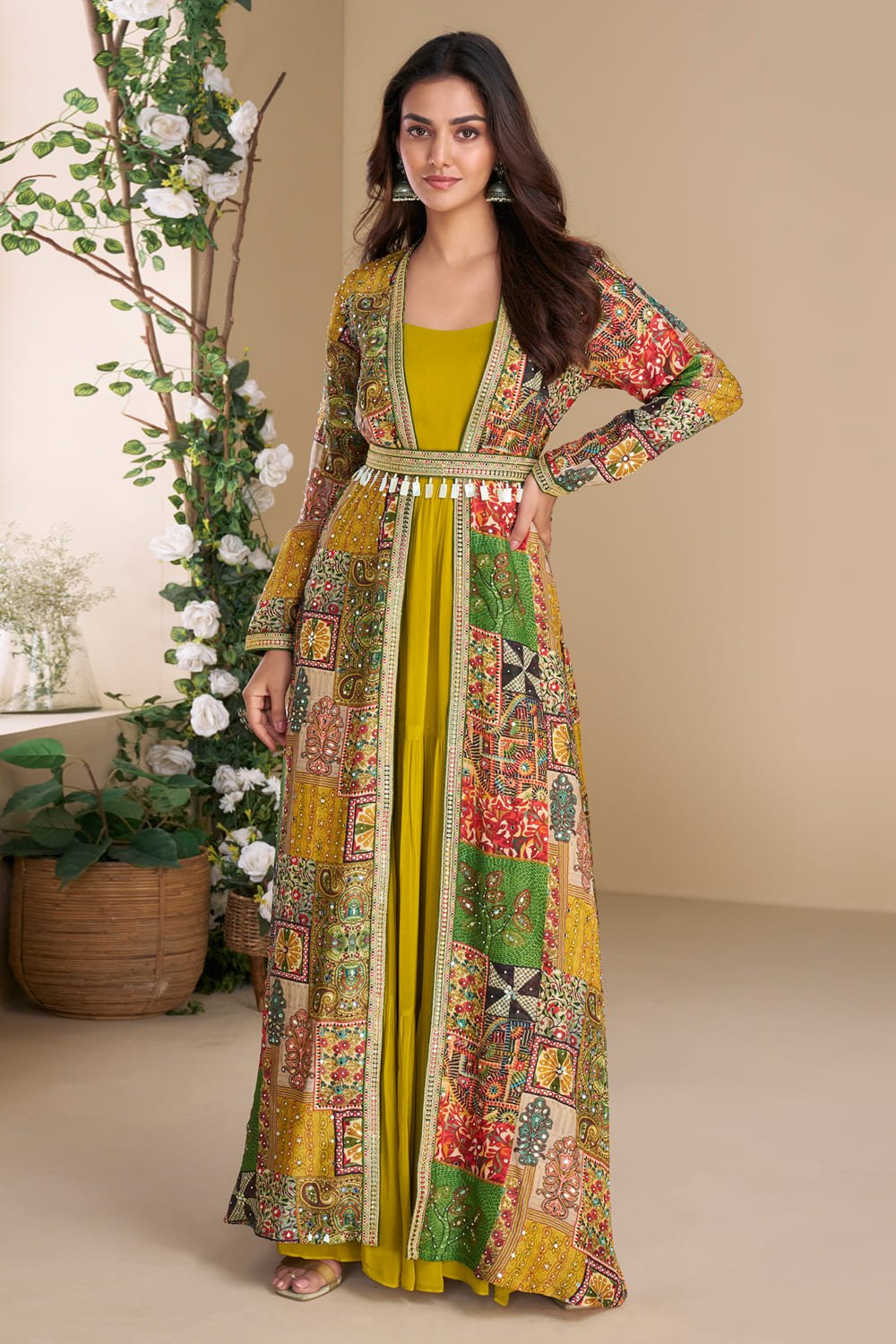 Mustard gown with multicoloured jacket and belt