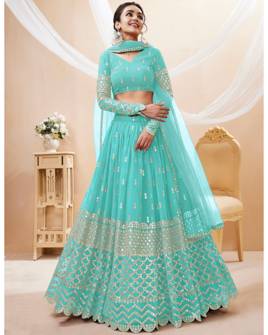 Tanaya - turquoise zari sequins georgette Lehenga (long sleeves possible)