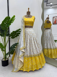 Yellow and off white jacquard Lehenga