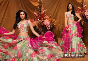 Boutique collection - green and pink floral Lehenga with ruffle dupatta