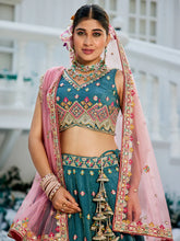 Steel blue multi thread embroidered Lehenga