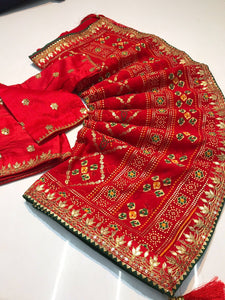 Georgette bandhani saree with gota patti border with 2 blouses - lots of colours