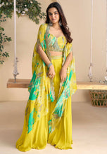 Embroidered chinon silk palazzo set in yellow and green