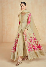 Beige gold center slit floral silk anarkali