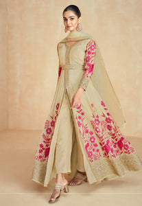 Beige gold center slit floral silk anarkali