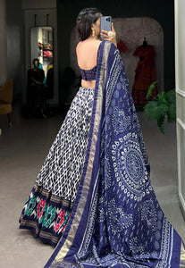 Tussar silk ikkat print Lehenga in navy blue (skirt stitched)