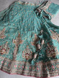 Mint Green Embroidered tissue fabric Lehenga