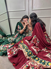 Rayon and printed silk Lehenga choli in dark green - readymade