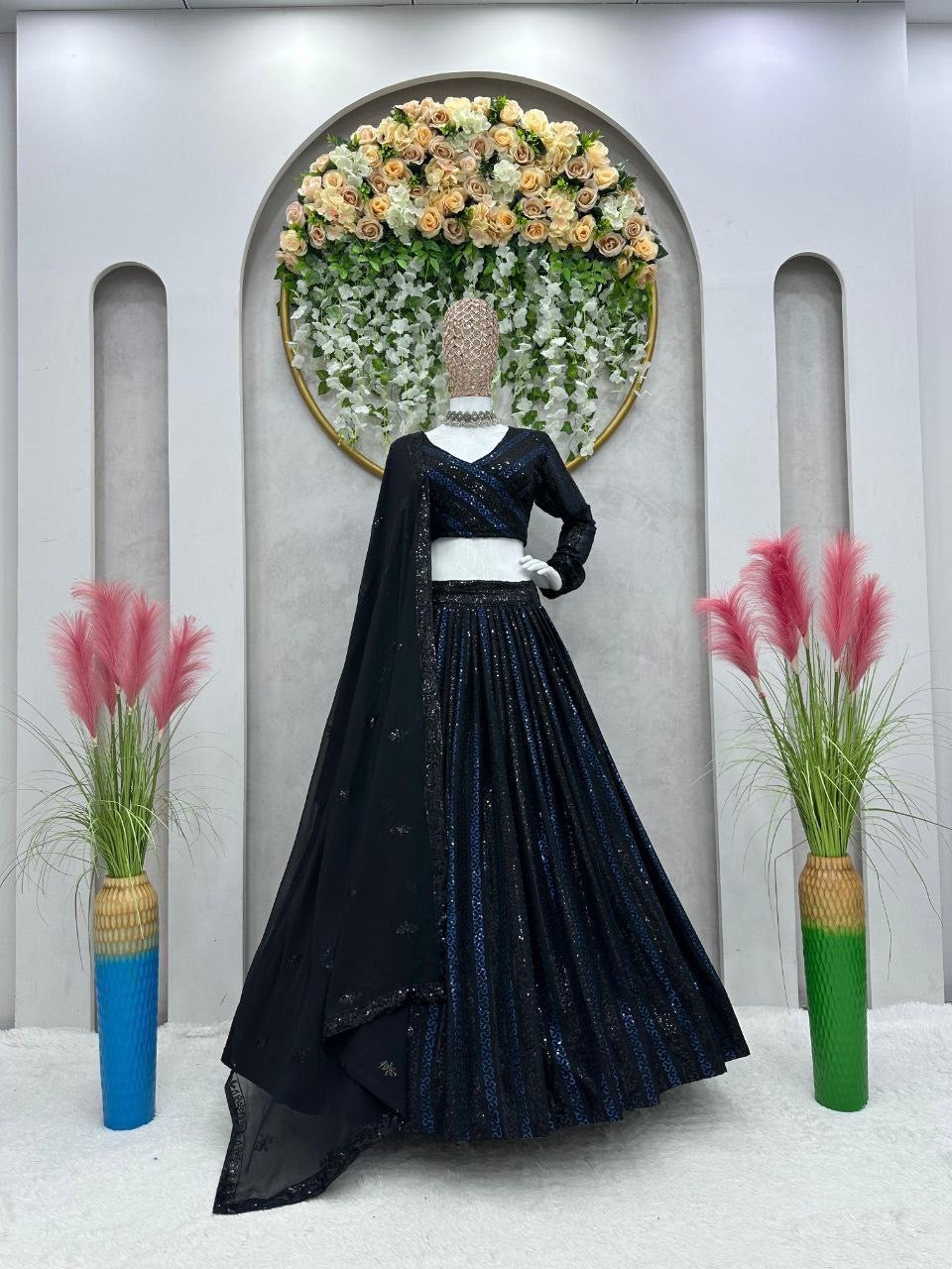 Partywear black and midnight blue sequins Lehenga