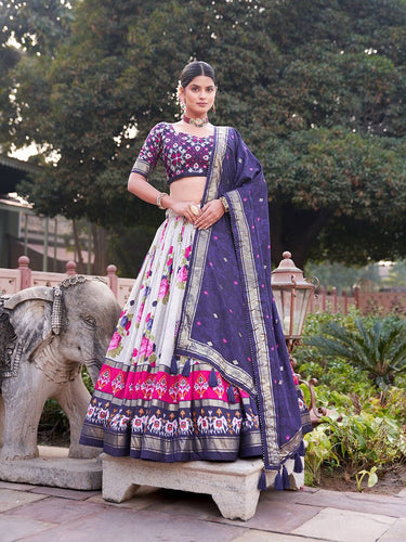 Tussar silk floral and patola print Lehenga in navy blue