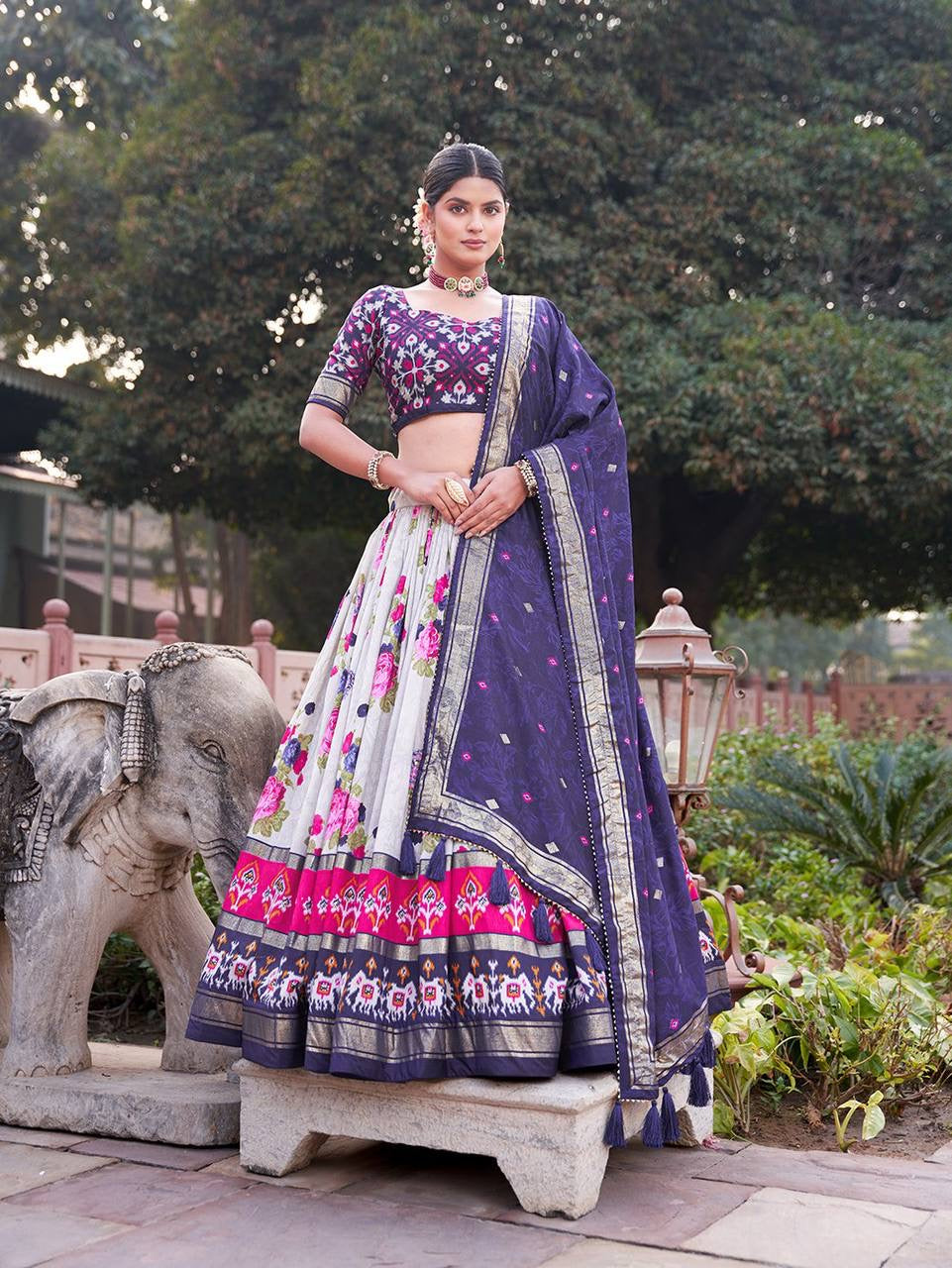 Tussar silk floral and patola print Lehenga in navy blue
