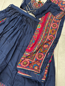 Tussar silk Lehenga with gamthi work readymade in navy blue