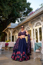 Tussar silk navy blue floral print Lehenga (skirt stitched)