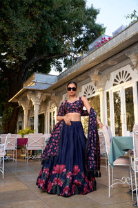 Tussar silk navy blue floral print Lehenga (skirt stitched)