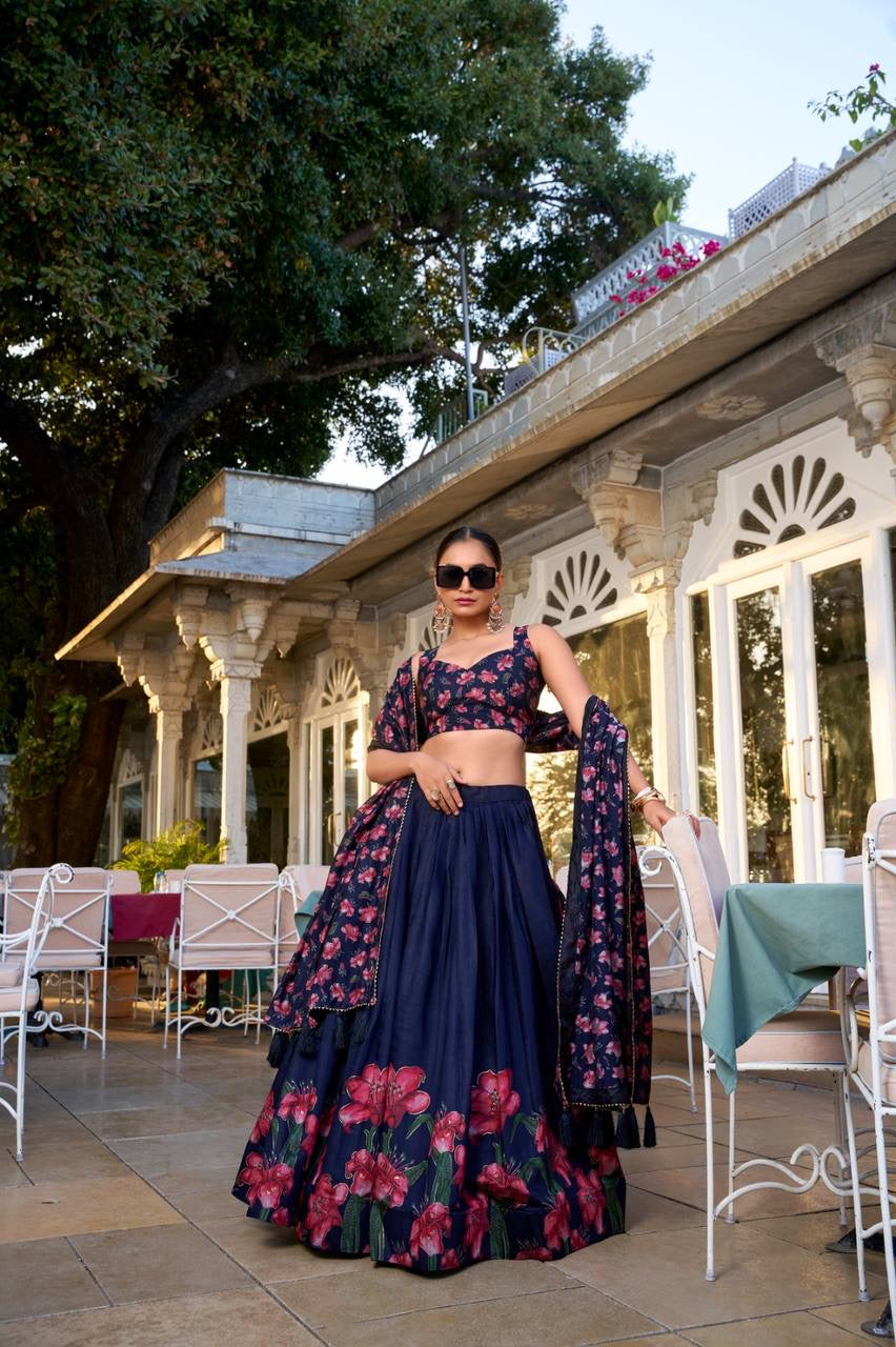 Tussar silk navy blue floral print Lehenga (skirt stitched)