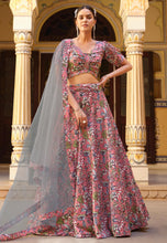 Pink and grey silk floral Lehenga