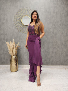 Ready to wear saree in deep purple with belt