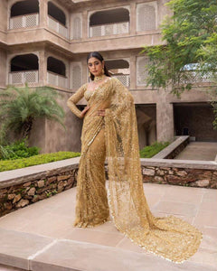 Partywear gold net saree