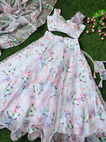White and paste butterfly print readymade lehenga