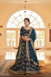 Chinon silk floral multi thread and sequin Lehenga in blue