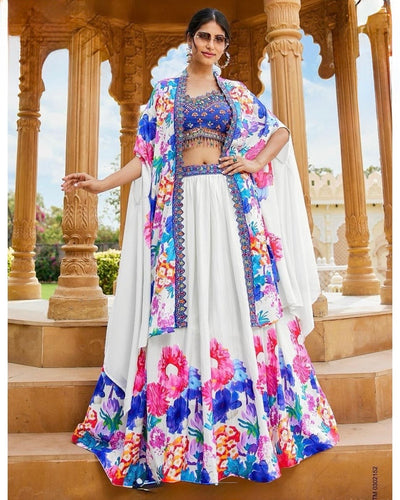 Floral Bliss White & Blue Embroidered Lehenga Set with Cape