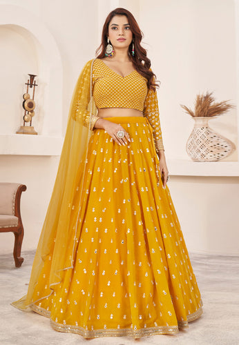 Yellow mirrorwork georgette Lehenga
