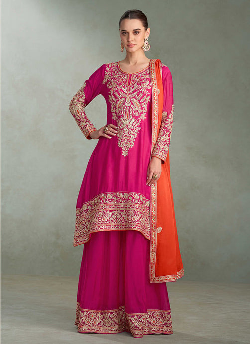 Pink and orange chinon embroidered palazzo suit