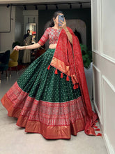 Sangeet nights - dola silk with bandhani and ajrakh print chaniya cholis (skirt stitched) in green