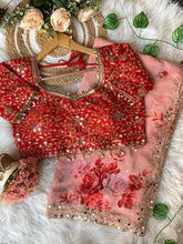 Peach and red mirror work floral saree