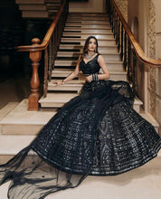 Black silk partywear mirror work Lehenga
